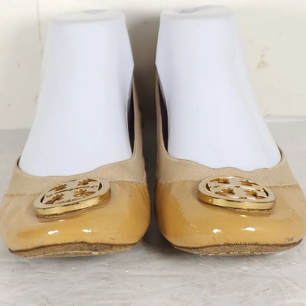 TORY BURCH Women's Caroline 2 US 8M Tan Leather Logo Slip On Ballet Flats